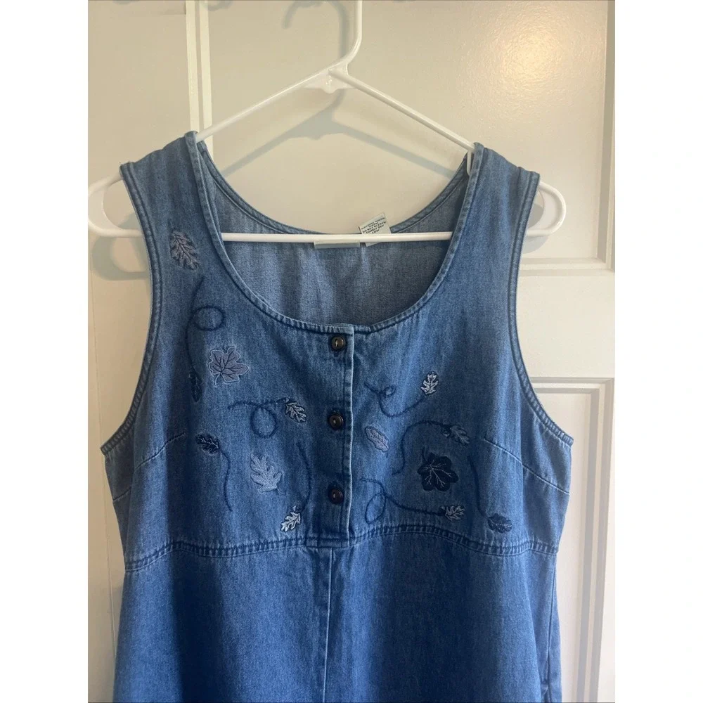 VTG Denim Floral‎ Leaves Embroidered Sleeveless Dress Cottagecore Medium 10/12 - Picture 2 of 6
